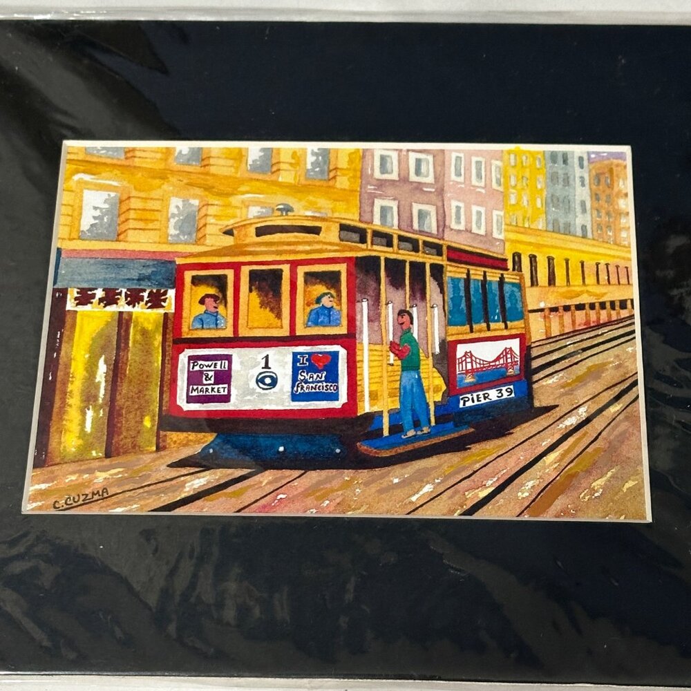 Signed Carlos Cuzma trolley car 10x 8” unframed matted hand colored laser print